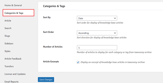 Configura le impostazioni di categorie e tag nella documentazione