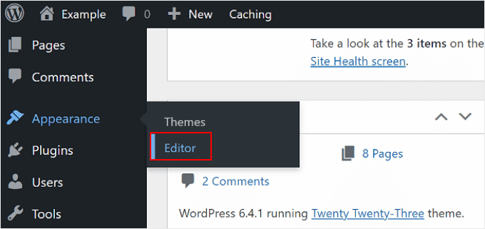 Selezionando l'editor del sito completo dal pannello di amministrazione di WordPress