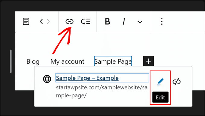 Modifica di un collegamento a una pagina dalla barra degli strumenti del blocco in Modifica sito completo WordPress