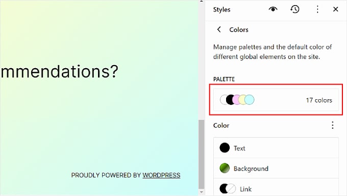 Selezionando la tavolozza nelle opzioni Colore nell'editor del sito completo WordPress