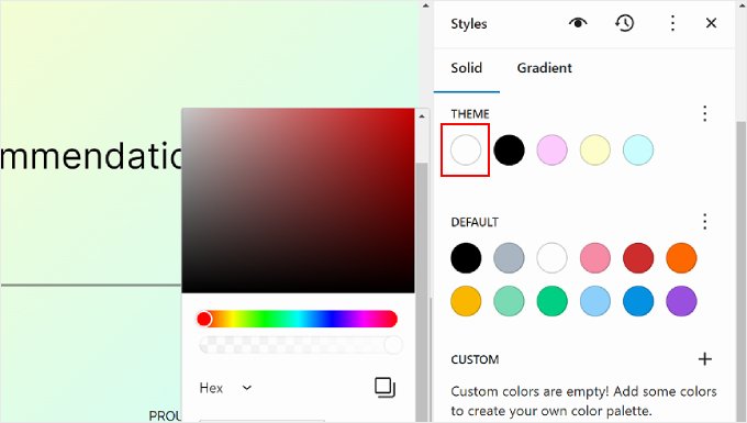 Modifica di un colore a tinta unita nelle impostazioni Stili nell'editor del sito completo WordPress