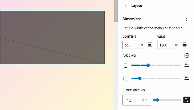 Le impostazioni di layout della scheda Stili nell'editor del sito completo WordPress