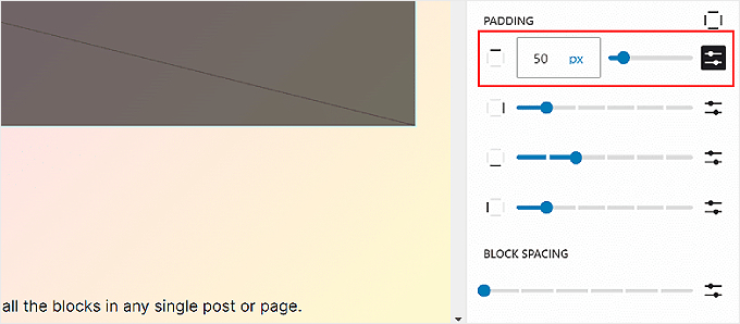 Configurazione delle impostazioni di Padding nell'editor del sito completo WordPress