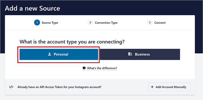 Scegli l'opzione Personale come tipo di account Instagram