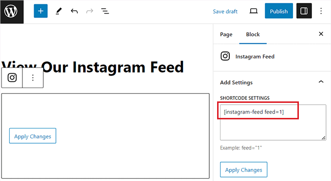 Aggiungi lo shortcode per il tuo feed Instagram