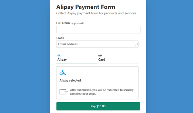 Anteprima del modulo di pagamento alipay