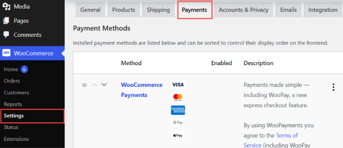 Scheda pagamenti WooCommerce