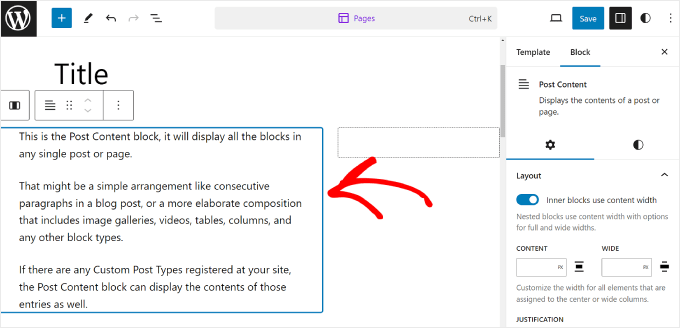 Spostamento del blocco Contenuto del post sul lato sinistro del blocco Colonne