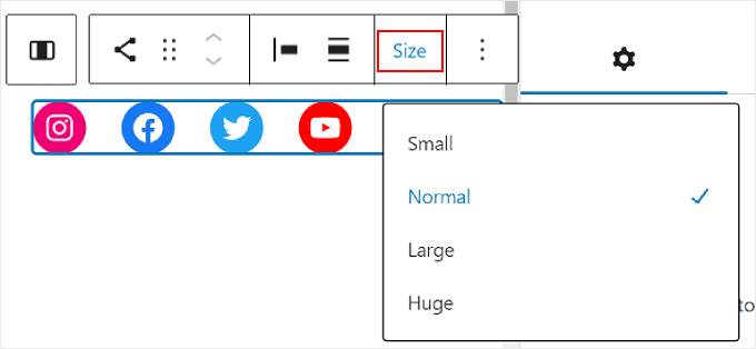 Personalizzazione delle dimensioni dei pulsanti utilizzando la barra degli strumenti del blocco Icone Social