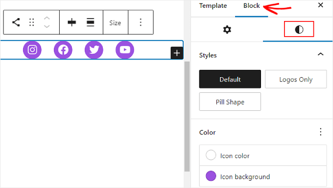 Configurazione del colore e degli stili delle icone social nella scheda Stili di blocco