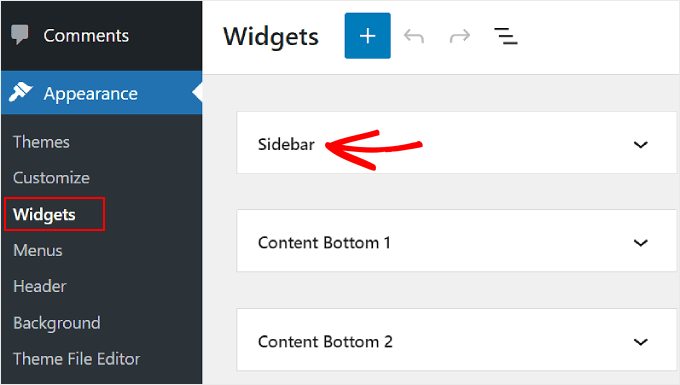 Passando al menu Widget di aspetto e selezionando Barra laterale nel pannello di amministrazione di WordPress