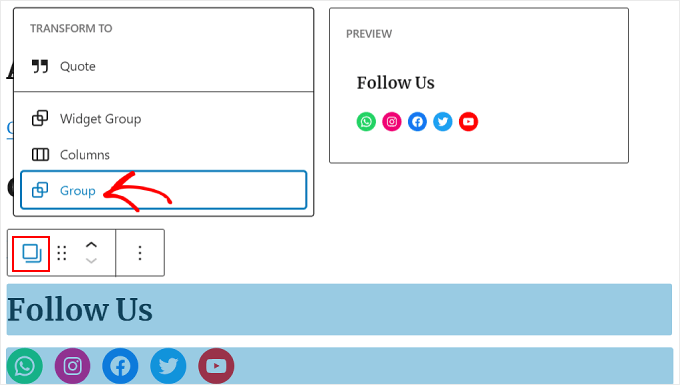 Raggruppamento delle icone social e dei blocchi paragrafo