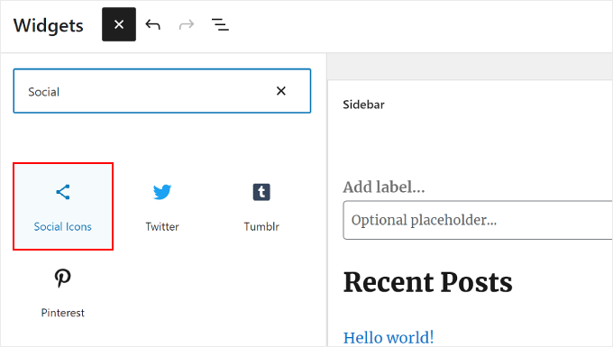 Scegliendo il blocco Icone Social nelle impostazioni dei Widget di WordPress