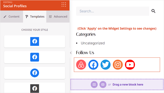 Modifica dell'impostazione dei modelli per il blocco Profili social in SeedProd