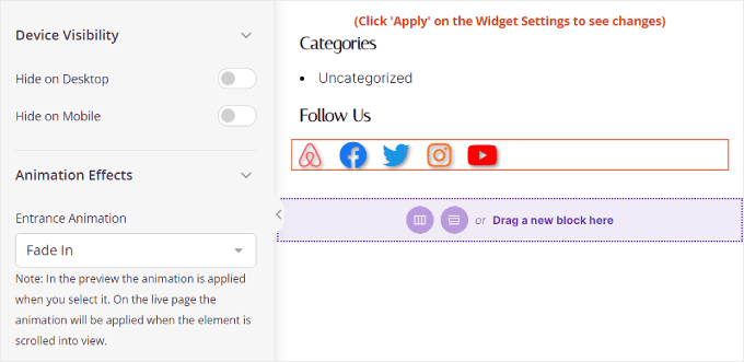 Impostazioni di visibilità del dispositivo e degli effetti di animazione di SeedProd per il blocco Profili social