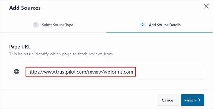 Inserimento dell'URL di Trustpilot nel plugin Reviews Feed pro