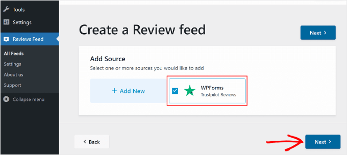 Selezione di una fonte di recensioni per creare un feed di recensioni per utilizzare il plug-in Reviews Feed Pro