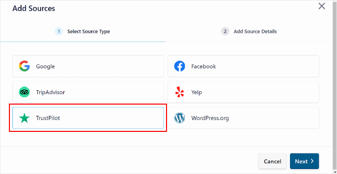 Selezionando Trustpilot come fonte di recensioni nel plugin Reviews Feed pro