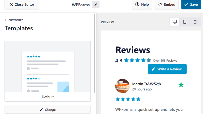 Modifica dei modelli per il feed delle recensioni in Reviews Feed Pro