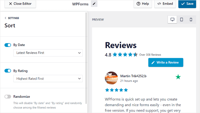 Configurazione delle impostazioni di ordinamento della visualizzazione delle recensioni utilizzando il plug-in Reviews Feed Pro