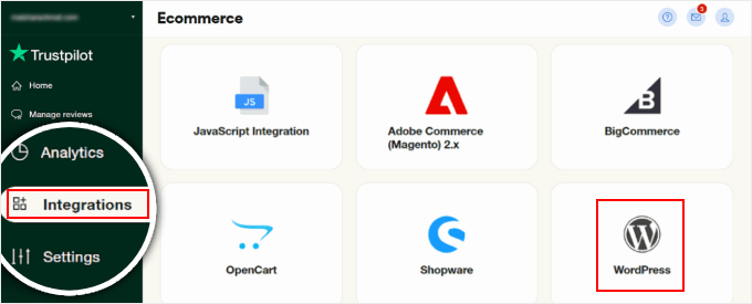 Seleziona WordPress nel menu Integrazioni eCommerce di Trustpilot