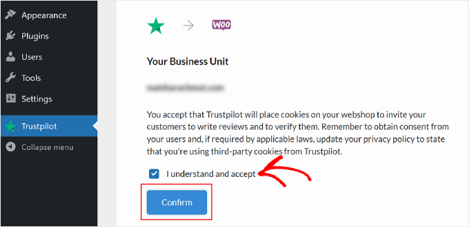 La fase di conferma dei cookie durante la configurazione di Trustpilot