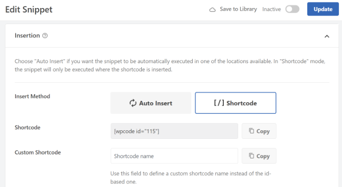 Aggiungi shortcode per gli annunci display