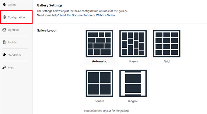 Configura il layout della galleria