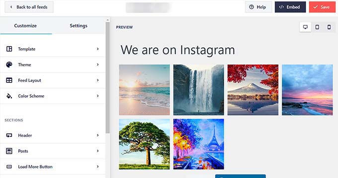 Feed di Instagram nell'editor di anteprima dal vivo