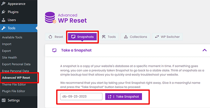 Effettua il backup del database con lo strumento Istantanee