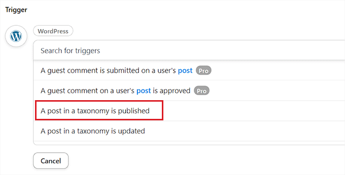 Scegli un trigger WordPress