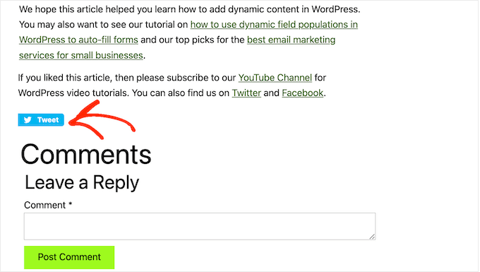 Un esempio di pulsante di condivisione di Twitter, incorporato in WordPress