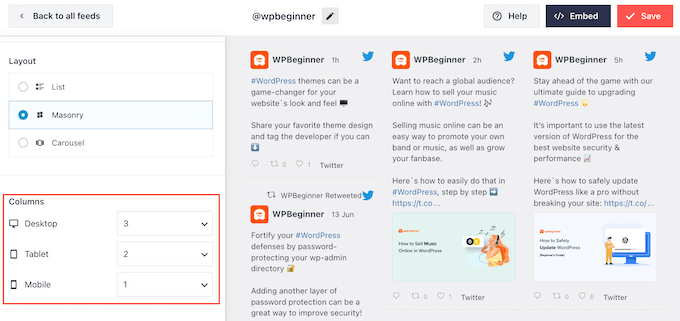 Modifica del numero di colonne in un layout di social media incorporato