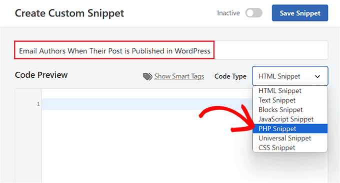 Scegli l'opzione PHP Snippet per inviare email agli autori dopo la pubblicazione del post