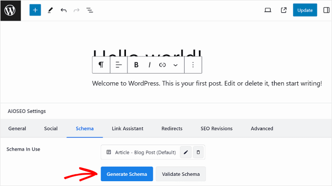 Facendo clic sul pulsante Genera schema nelle impostazioni AIOSEO