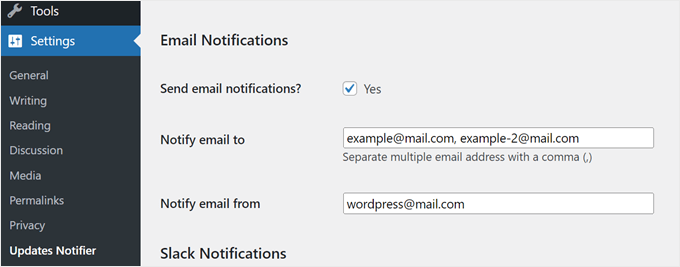 Le impostazioni delle notifiche e-mail nel plug-in WP Updates Notifier