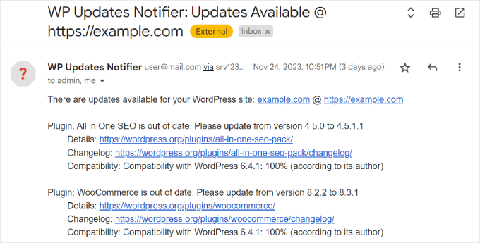 Esempio dell'e-mail inviata da WP Updates Notifier