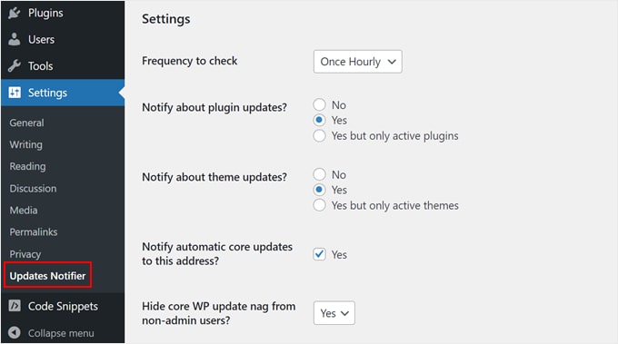 WP Aggiorna le impostazioni del plug-in Notifier