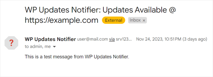 E-mail di prova di WP Updates Notifier