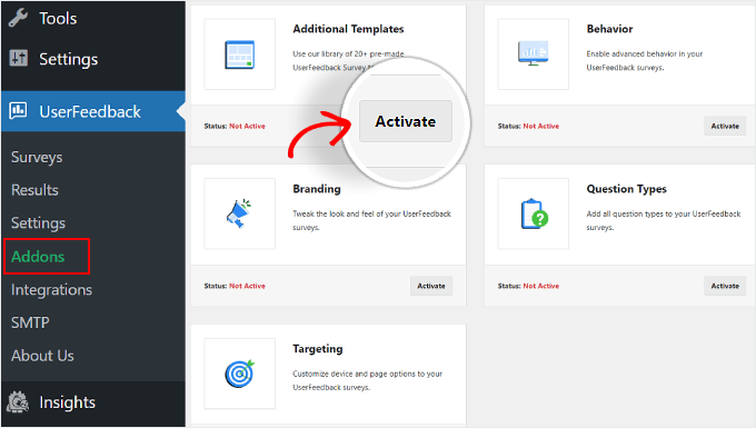 Attivazione dei componenti aggiuntivi UserFeedback