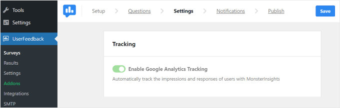 Abilitazione del tracciamento di Google Analytics su UserFeedback