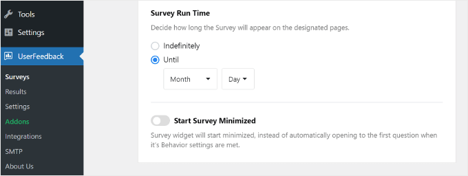 Le impostazioni del tempo di esecuzione del sondaggio su UserFeedback