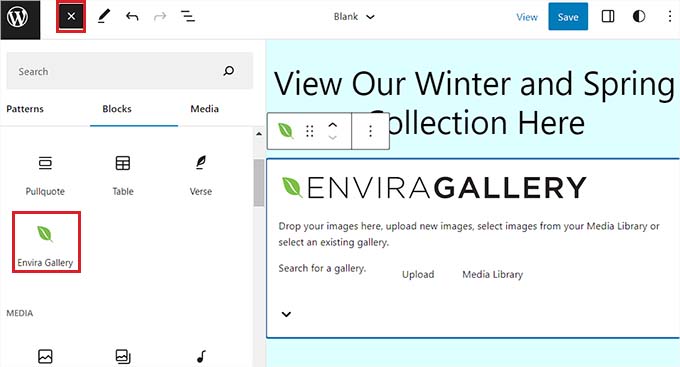 Aggiungi il blocco Envira Gallery nell'editor completo del sito