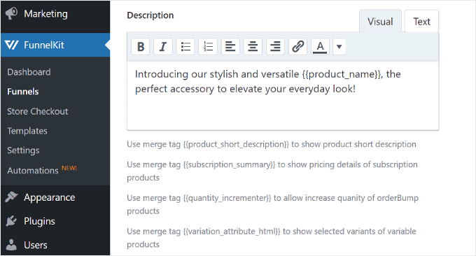 Inserimento della descrizione del bump dell'ordine in FunnelKit