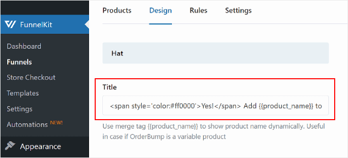 Modifica del titolo del bump dell'ordine in FunnelKit