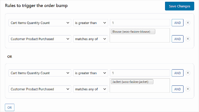 Un esempio di regole di attivazione del bump ordine che utilizzano la funzione 'OR' pulsante in FunnelKit