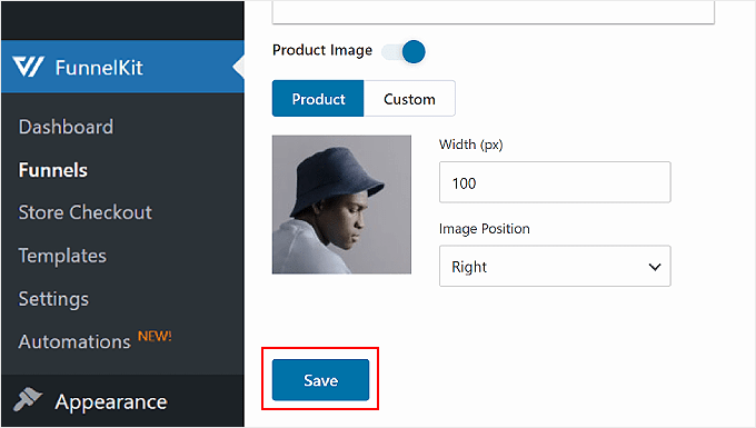 Facendo clic sul pulsante Salva dopo aver configurato l'immagine del prodotto del bump dell'ordine in FunnelKit