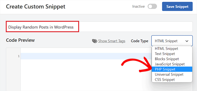 Scegli PHP Snippet come tipo di codice per la visualizzazione di post casuali