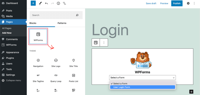 Aggiungi il blocco WPForms a qualsiasi post o pagina e seleziona il modulo di accesso utente