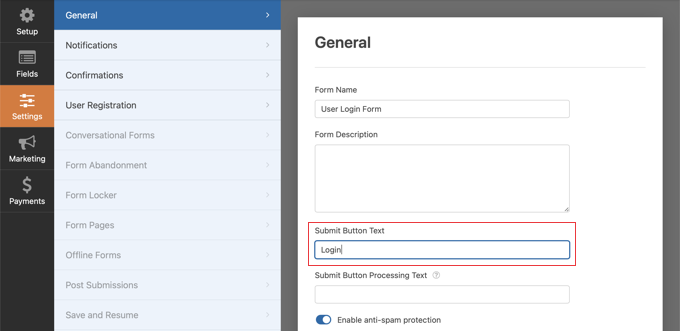 Personalizzazione del testo del pulsante WPForms